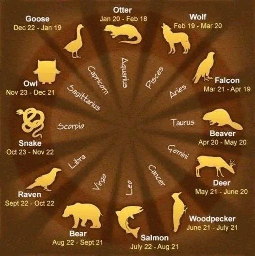An illustration of the zodiac wheel with animals representing each zodiac sign and their date ranges, including Goose, Otter, Wolf, Falcon, Beaver, Deer, Woodpecker, Salmon, Bear, Raven, Scorpio, Libra, Virgo, Leo, Cancer, Gemini, Taurus, Aries, Pisc
