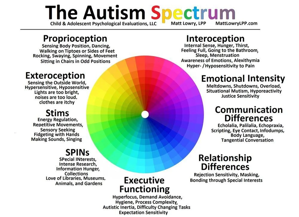 A color wheel chart titled "The Autism Spectrum" with categories such as Proprioception, Interoception, Emotional Intensity, Communication Differences, Relationship Differences, Executive Functioning, SPINs, Stims, Exteroception. Each category has de