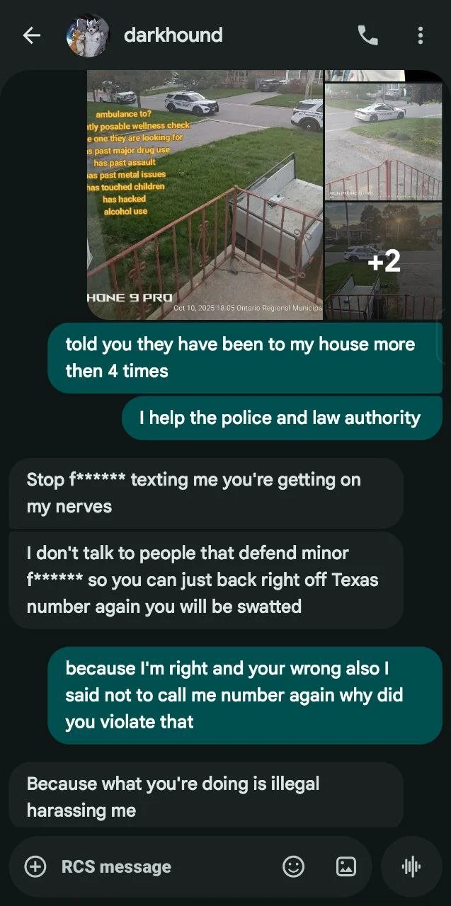 Screenshot of a WhatsApp chat discussing repeated unwanted visits or harassment and police involvement, with multiple images of a residential area and police cars.