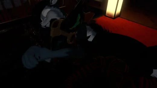 Person lying in a dark room playing a guitar, illuminated by a standing light and a red-cushioned surface nearby.