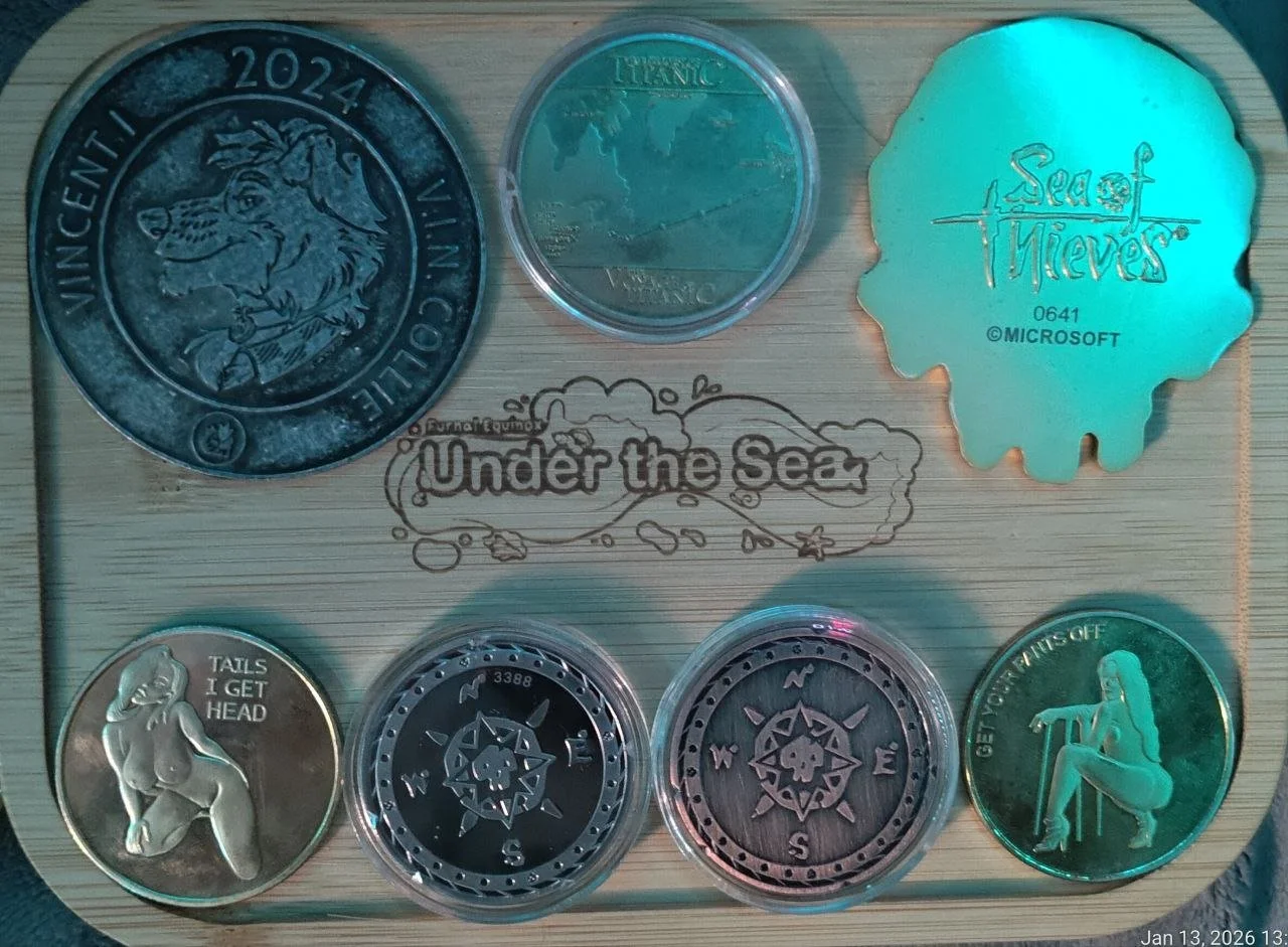 A wooden display with several coins and tokens. Top row shows a large coin with a wolf and the year 2024, a small round coin in a protective case with the word "TITANC," and a teal shaped token with "Sea of Thieves" written on it. Bottom row has a co