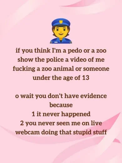 A pink background with a police officer emoji at the top and humorous text about allegations and evidence, dismissing claims of inappropriate behavior and emphasizing a lack of live webcam activity.