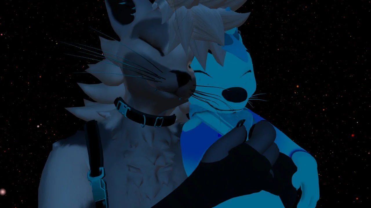 A digital art depiction of two anthropomorphic animal characters in space. One appears to be a white wolf with black markings wearing a harness, and the other a blue fox wearing a futuristic suit. They are close together, with one character holding a