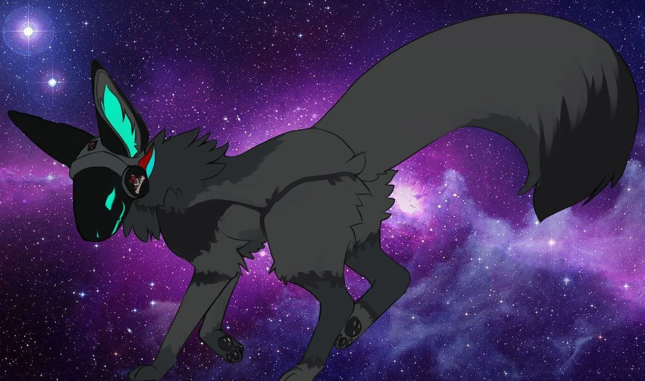 A digital illustration of a dark gray, fox-like creature with glowing turquoise markings and a humanoid face, standing against a purple and blue galaxy background.