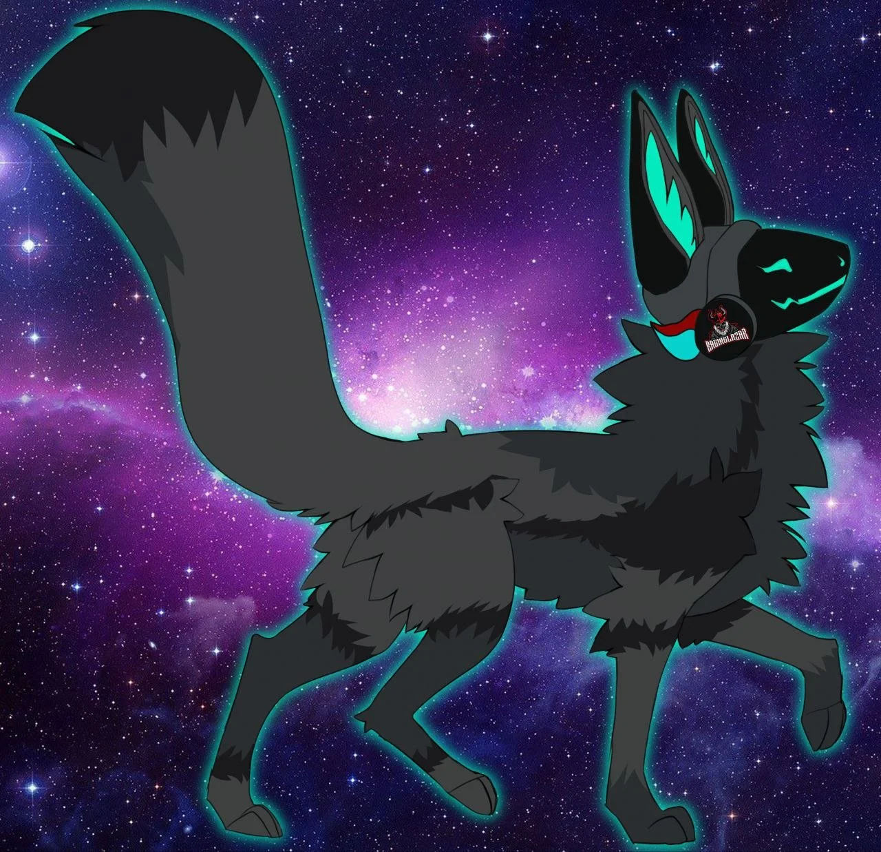 A digital illustration of a black, wolf-like creature with glowing blue eyes, ears, and markings, standing against a starry galaxy background.