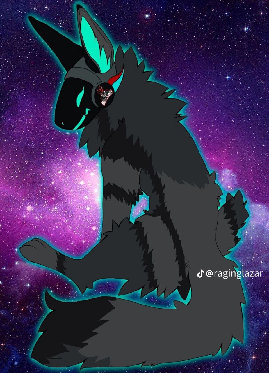 Digital illustration of a wolf with glowing blue highlights, wearing headphones with a logo, set against a vibrant starry galaxy background.