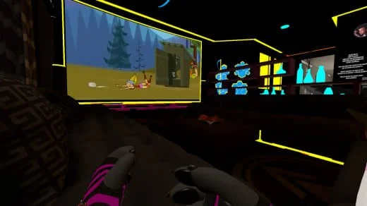Inside a virtual reality gaming room with a person wearing VR gloves, watching animated cartoon characters on a large screen, with shelves holding virtual bottles illuminated with neon lights.