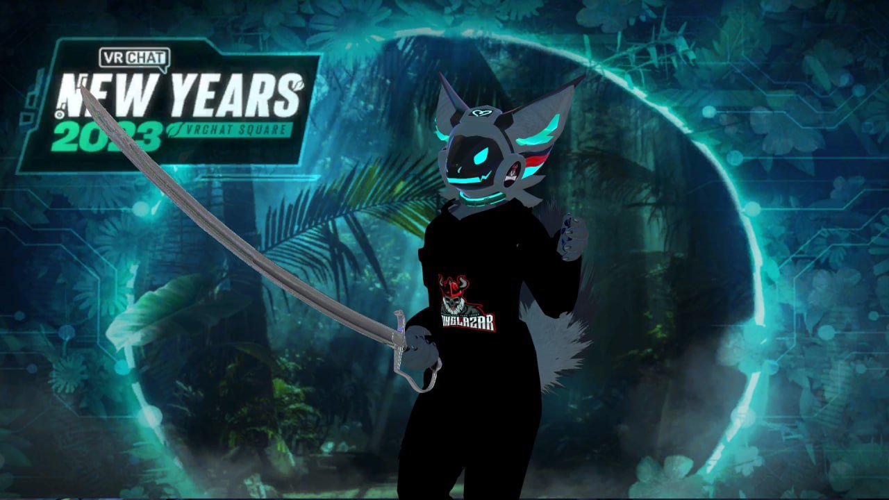 A person wearing a wolf-themed mask, black hoodie, and black pants holding a sword, standing in front of a digital jungle background with a "New Years 2023" VR chat banner.