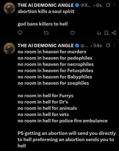 Screenshots of tweets by THE ALIDEMONIC ANGLE discussing hell for various groups, stating no room in heaven or hell, and mentioning that abortion leads directly to hell.