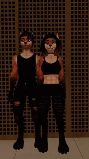 Two anthropomorphic fox characters with black hair and furry faces, dressed in black tank tops and ripped jeans, standing in front of a wooden lattice background.