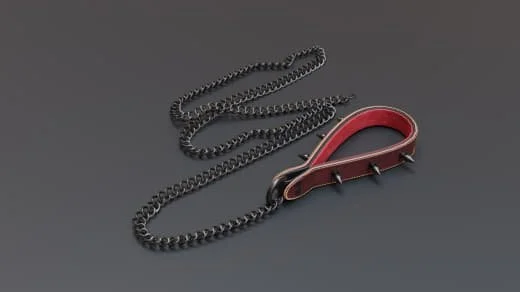 A black adjustable chain leash with red handle against a gray background.