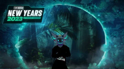 Digital artwork promoting New Year's 2023 with a neon fox mascot, futuristic cityscape, and jungle background.