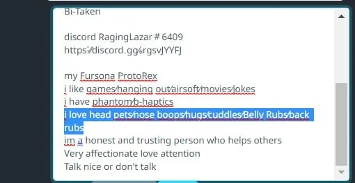 Screenshot of a chat message with a discord username and a link, mentioning love for head pets, hugs, cuddles, and being an honest, caring person.