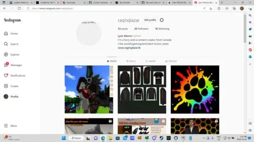 Screenshot of an Instagram profile page with various profile posts, including a cartoon wolf, black and white graphic design, a colorful paw print with rainbow paint splatters, and other images.