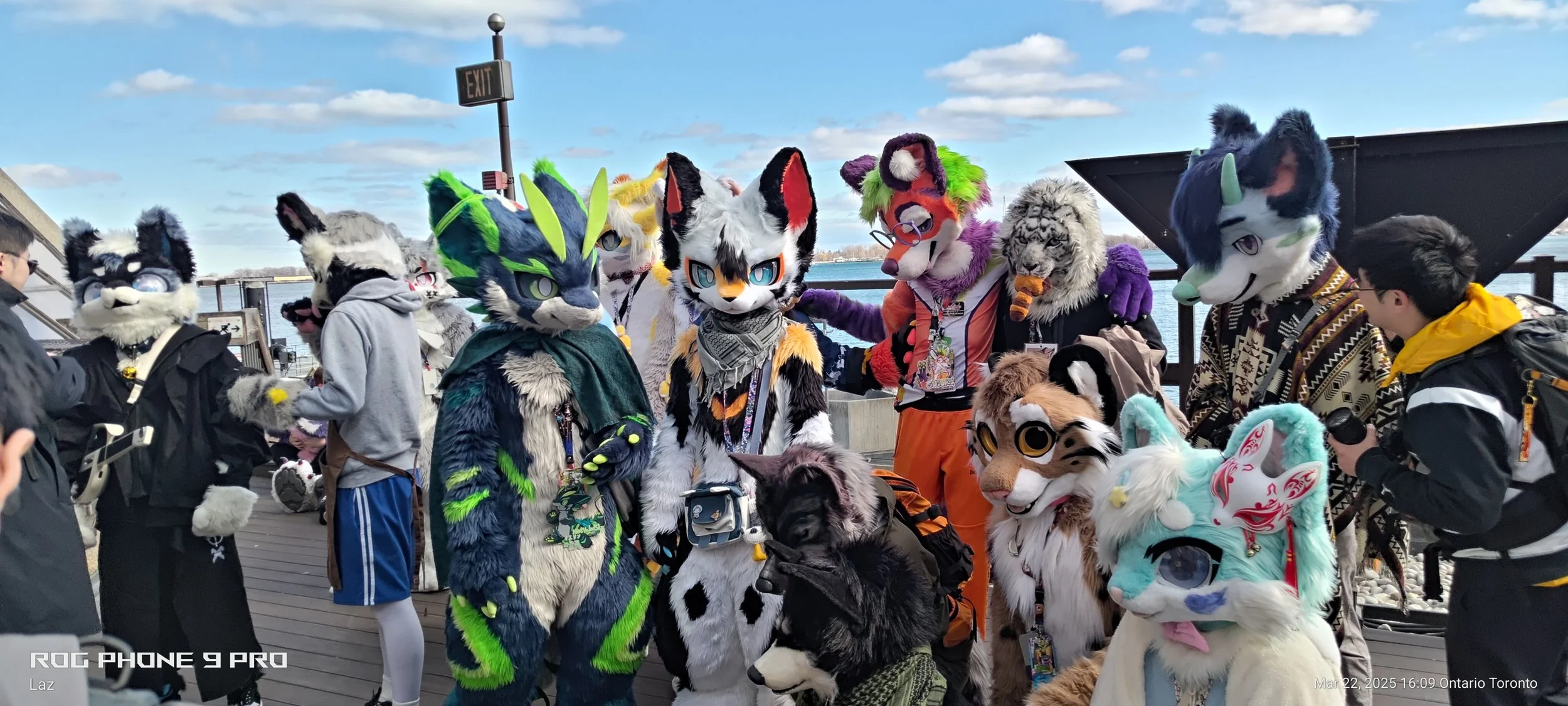 Group of people dressed in colorful furry animal costumes, gathered outdoors near a railing with the water in the background.