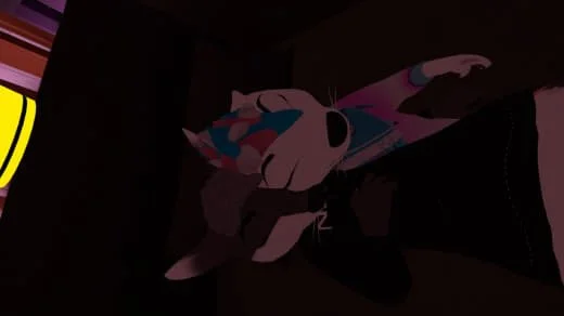 A cartoon dog with closed eyes, wearing a blue collar, lying on its back with a person next to it.