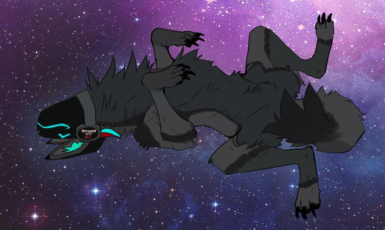 A black anthropomorphic wolf character with a modern visor, headphones, and futuristic markings, laying on its back in space with a starry galaxy background.