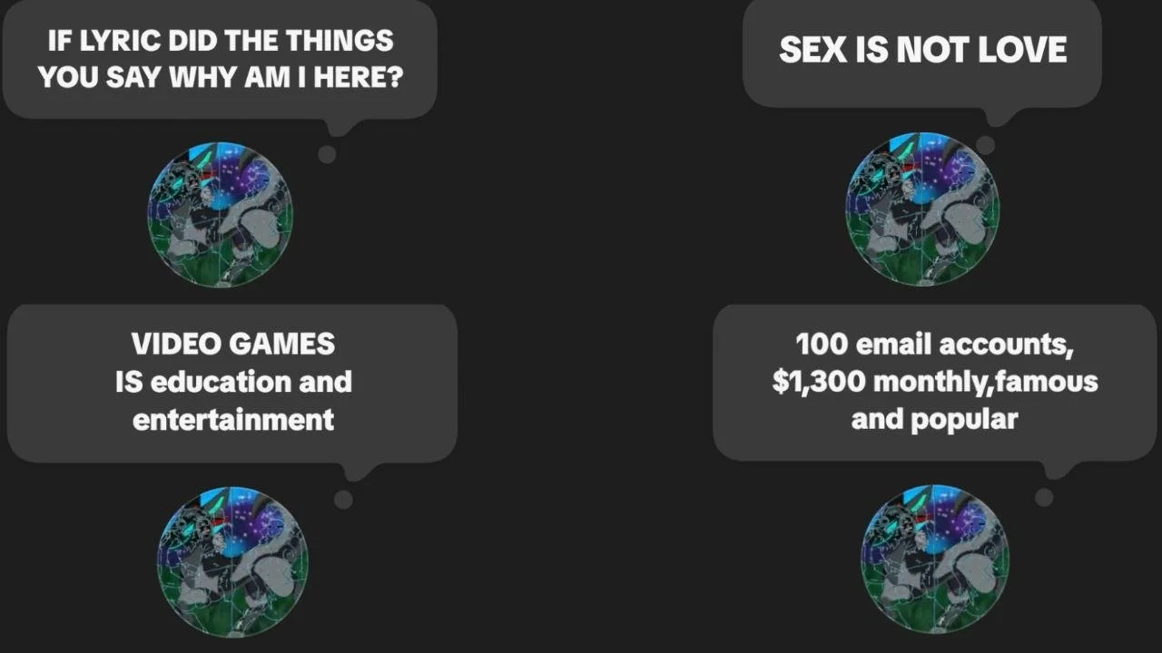 A digital infographic with four circular icons and two speech bubbles. The left side shows an icon of a globe with a quote bubble above it saying, "IF LYRIC DID THE THINGS YOU SAY WHY AM I HERE?" and a text box below stating, "VIDEO GAMES IS educatio