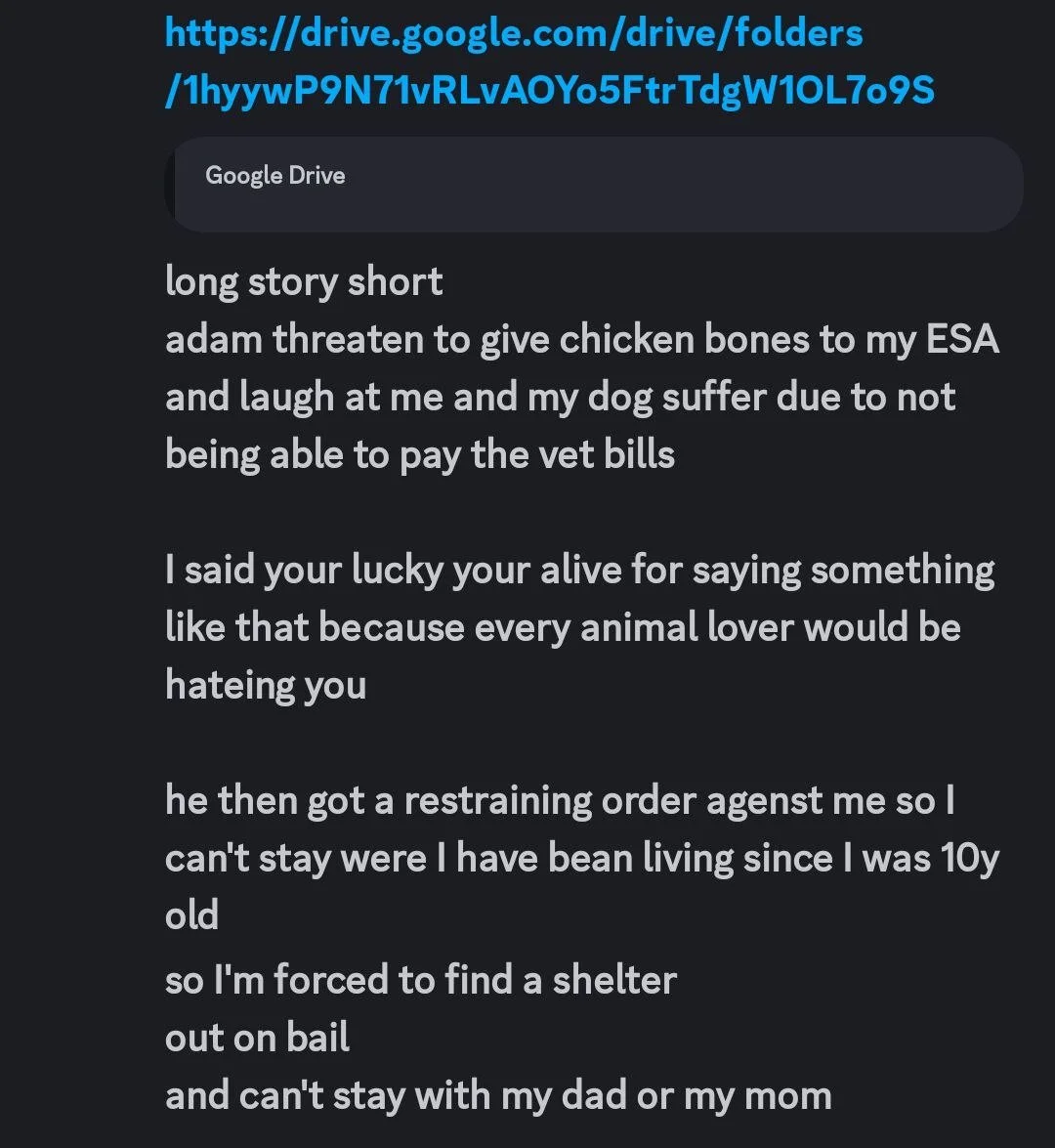 Screenshot of a Google Drive link with a message about personal struggles, animal cruelty, legal issues, and living situation.