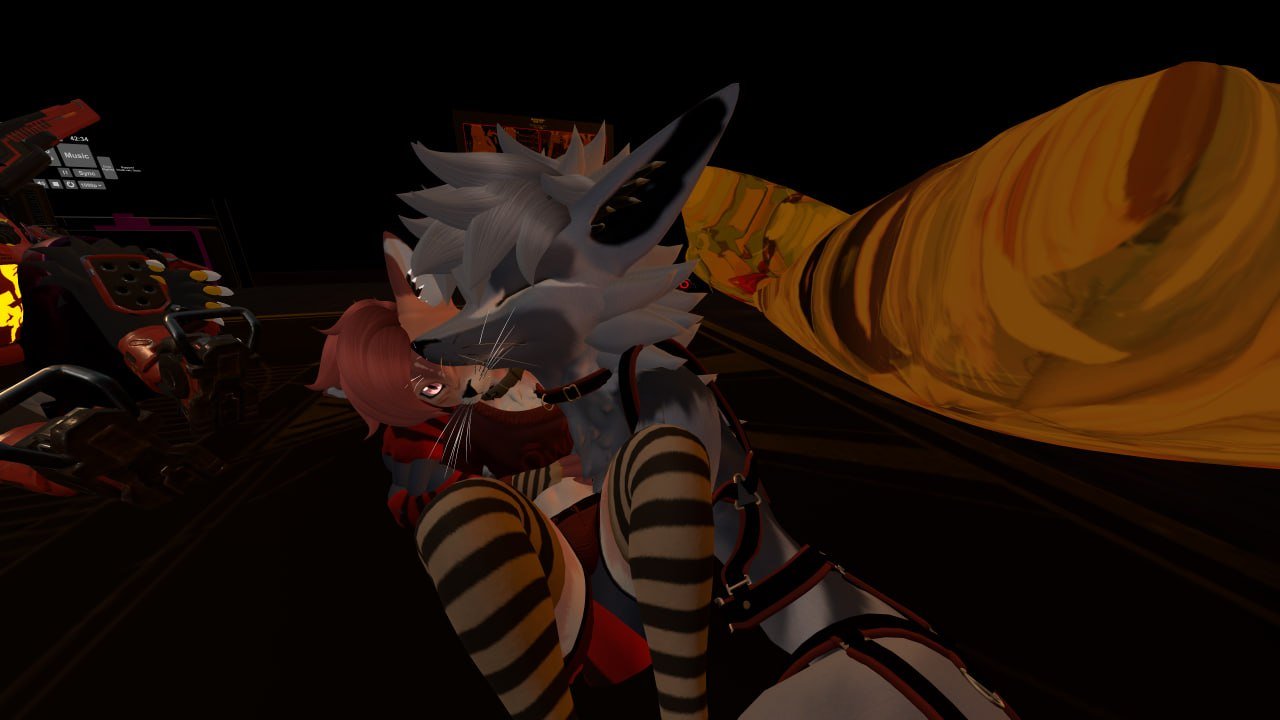 Virtual furry characters in a digital environment, featuring a wolf and a cat, with a dark background and neon-lit controls.