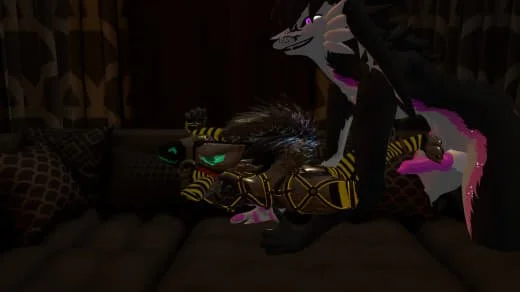 Animated creature resembling a wolf with black, gray, and pink fur, lying next to a robot dog with green eyes, on a dark surface in a dimly lit environment.