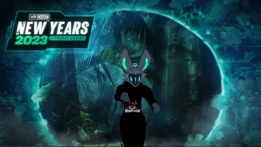 A digital graphic for a virtual New Year's 2023 event featuring a person in a cat-themed costume running through a neon-lit jungle tunnel.