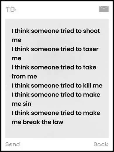 Text message on a phone screen expressing feelings of being targeted and harmed by others.