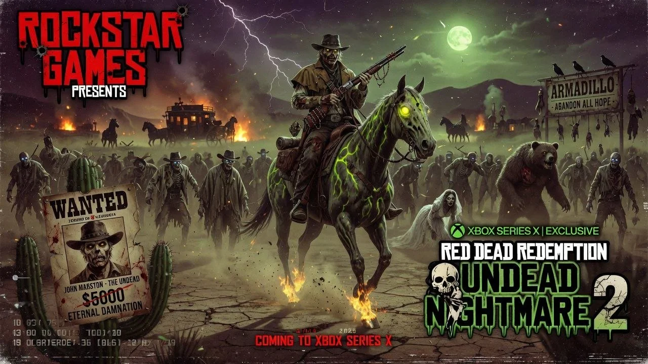 Dark, ominous scene of zombies and undead creatures in a post-apocalyptic setting with lightning in the sky, a full moon, and mountains in the background. A cowboy on a glowing green horse is front and center, surrounded by various undead figures, wi