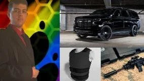 Collage of four images: a man in a suit, a black SUV, a person in a white shirt and bulletproof vest, and a rifle.