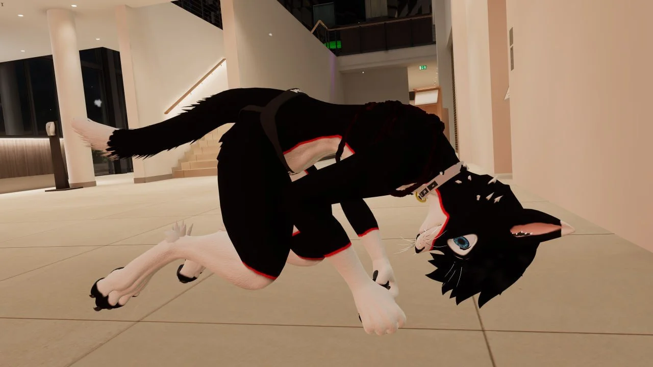 Person in a black cat costume lying on the floor in a modern indoor setting.