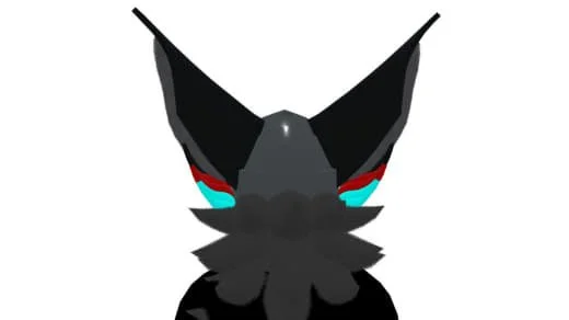 Close-up of a stylized black moth with red and blue accents on its wings.