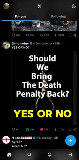 A social media post with a black background asks, 'Should we bring the death penalty back? YES OR NO' in white and yellow text, with engagement icons and comments visible.