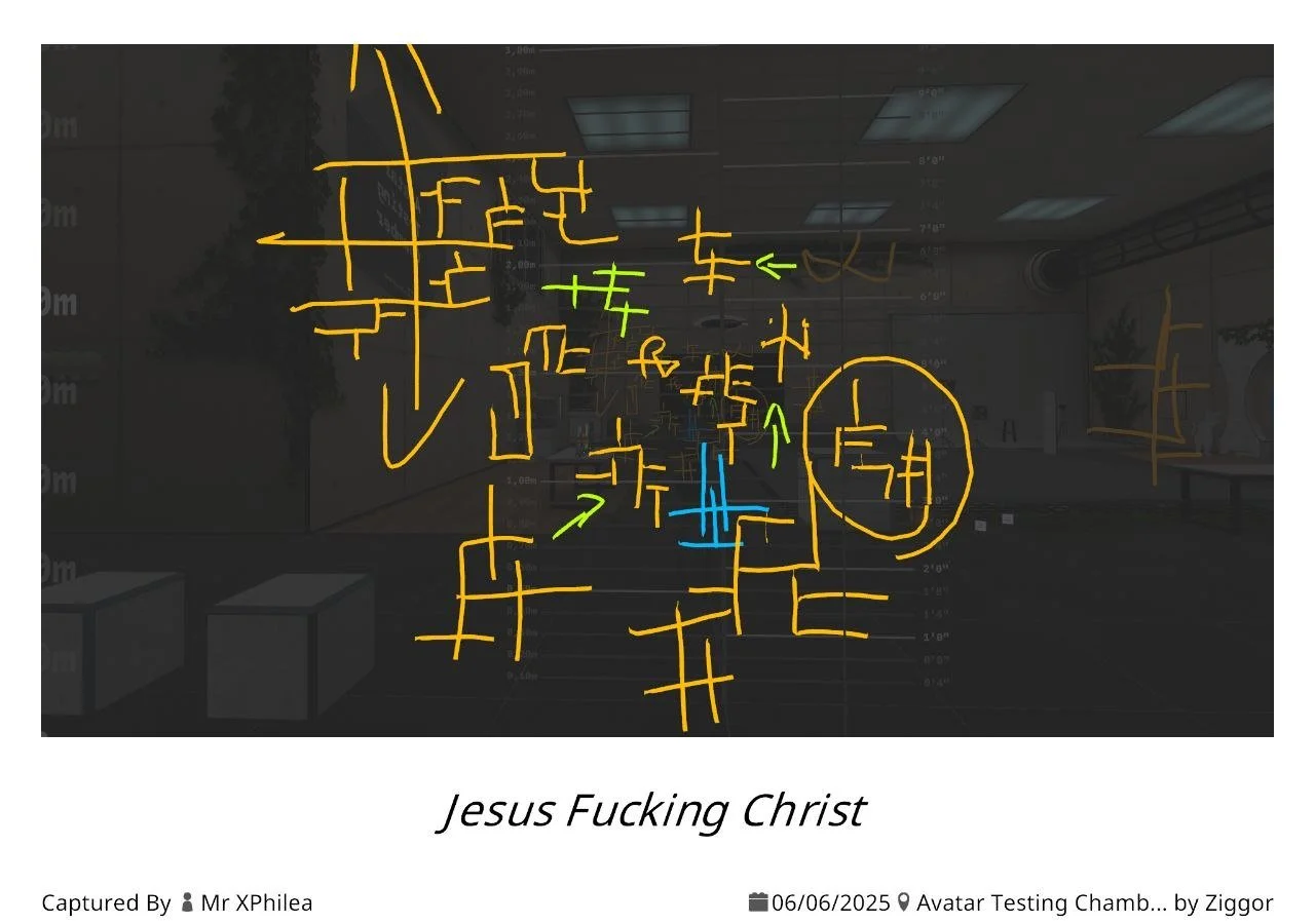 A glass surface with handwritten and drawn notes in yellow, green, and blue marker, including the words "Jesus Fucking Christ" and some arrows, with a background of an office or classroom environment.