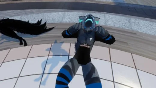 A character in a blue and gray costume lying on a tiled floor, screaming in distress, with a distressed facial expression, in a digital or cartoon environment.