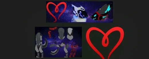 Digital artwork featuring two cartoon fox-like characters, a large red heart outline, and a smaller glowing heart with a spaceship or futuristic element.