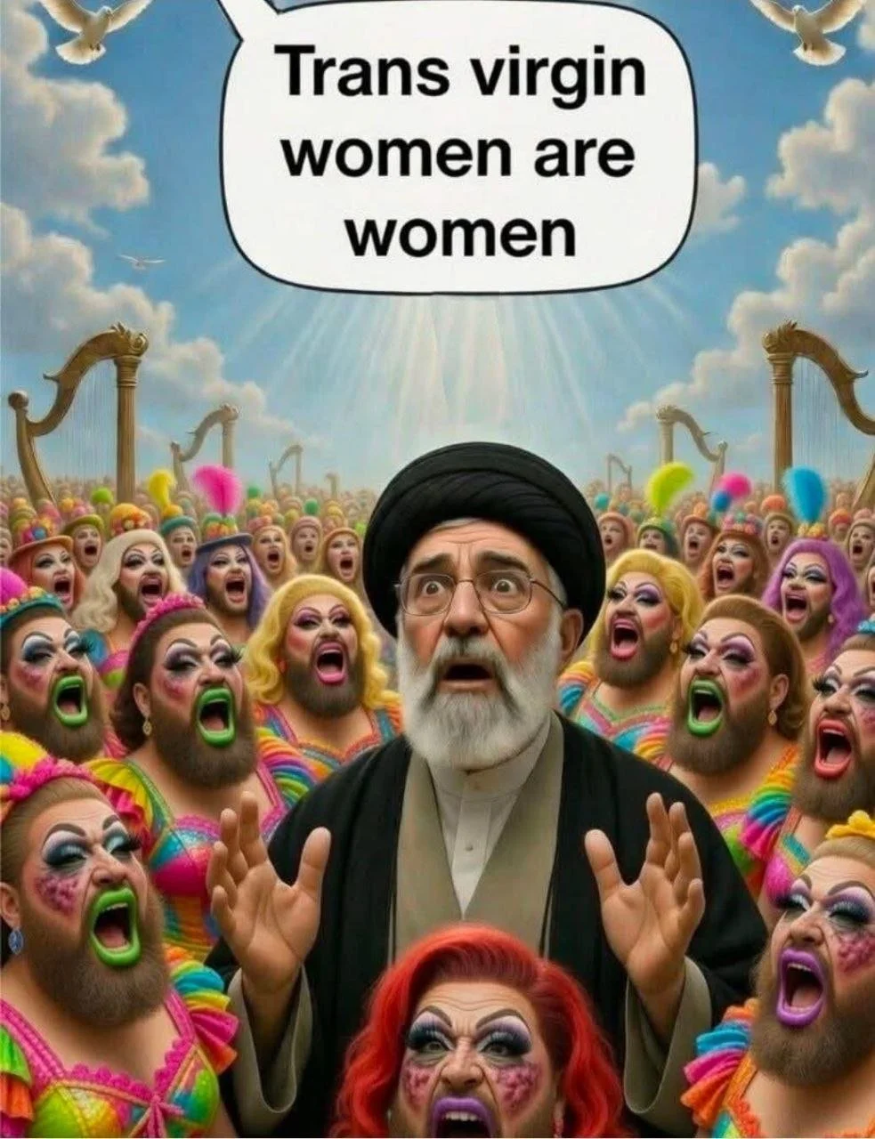 A man dressed as a religious figure looks shocked or concerned, surrounded by a large group of people dressed in colorful drag costumes with exaggerated makeup yelling or shouting, set against a bright sky with clouds and flying doves, with a speech 