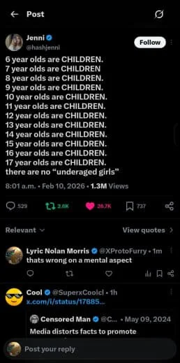 Social media post listing age ranges from 6 to 17 years old as children, with a statement that there are no underaged girls, followed by comments including one about mental health and another about media distortion.