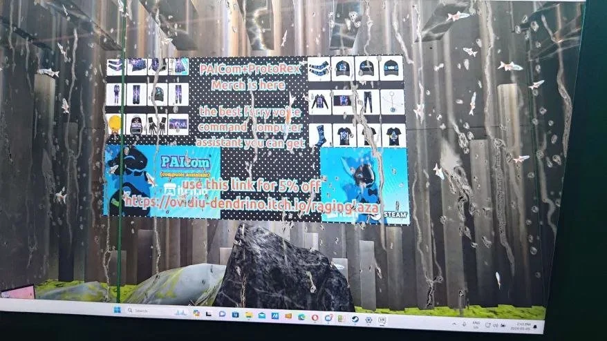 A computer screen showing a digital advertisement poster behind a rain-covered glass. The poster promotes PC and game merchandise, mentions a 5% discount offer with a link, and features cartoon characters.