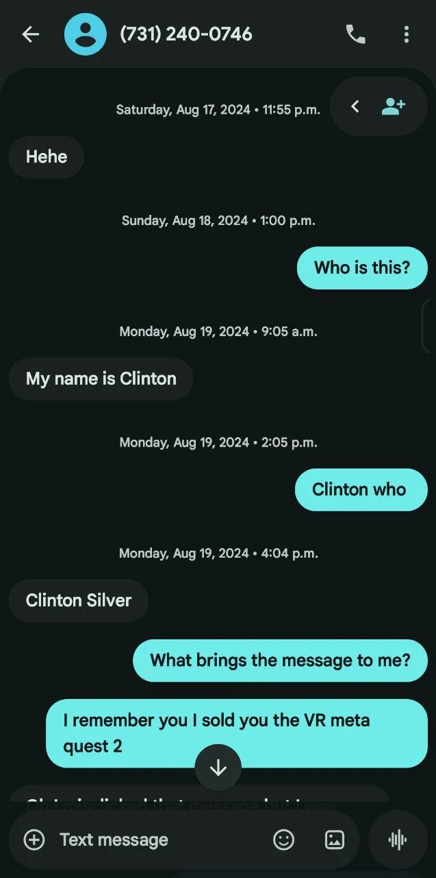 Screenshot of a chat conversation on a messaging app showing a dialogue between two people discussing their identity, with references to Clinton Silver and a VR game.