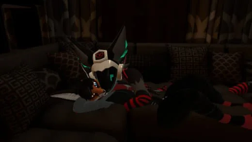 Person in a custom, futuristic costume lying on a couch in a dark room.