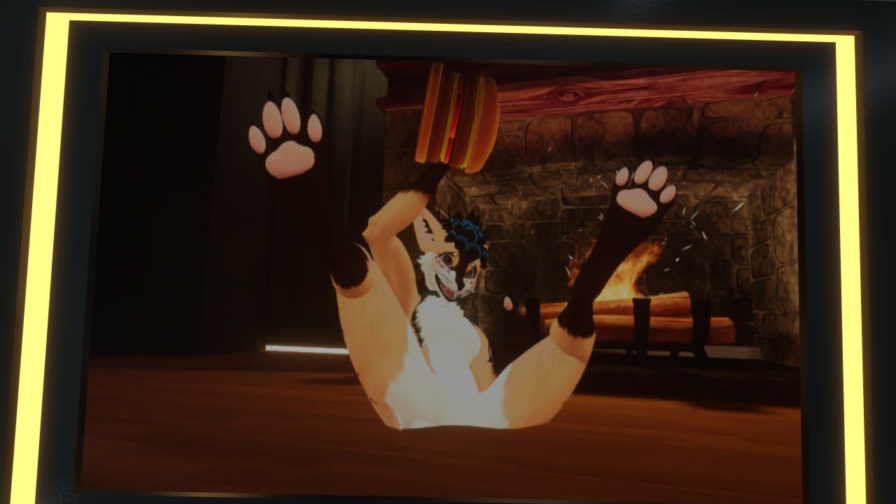 A digital art display showing an anthropomorphic dog character with blue hair and a white chest, appearing to be falling or reaching towards the viewer in front of a fireplace with a stone surround and a wooden mantel.