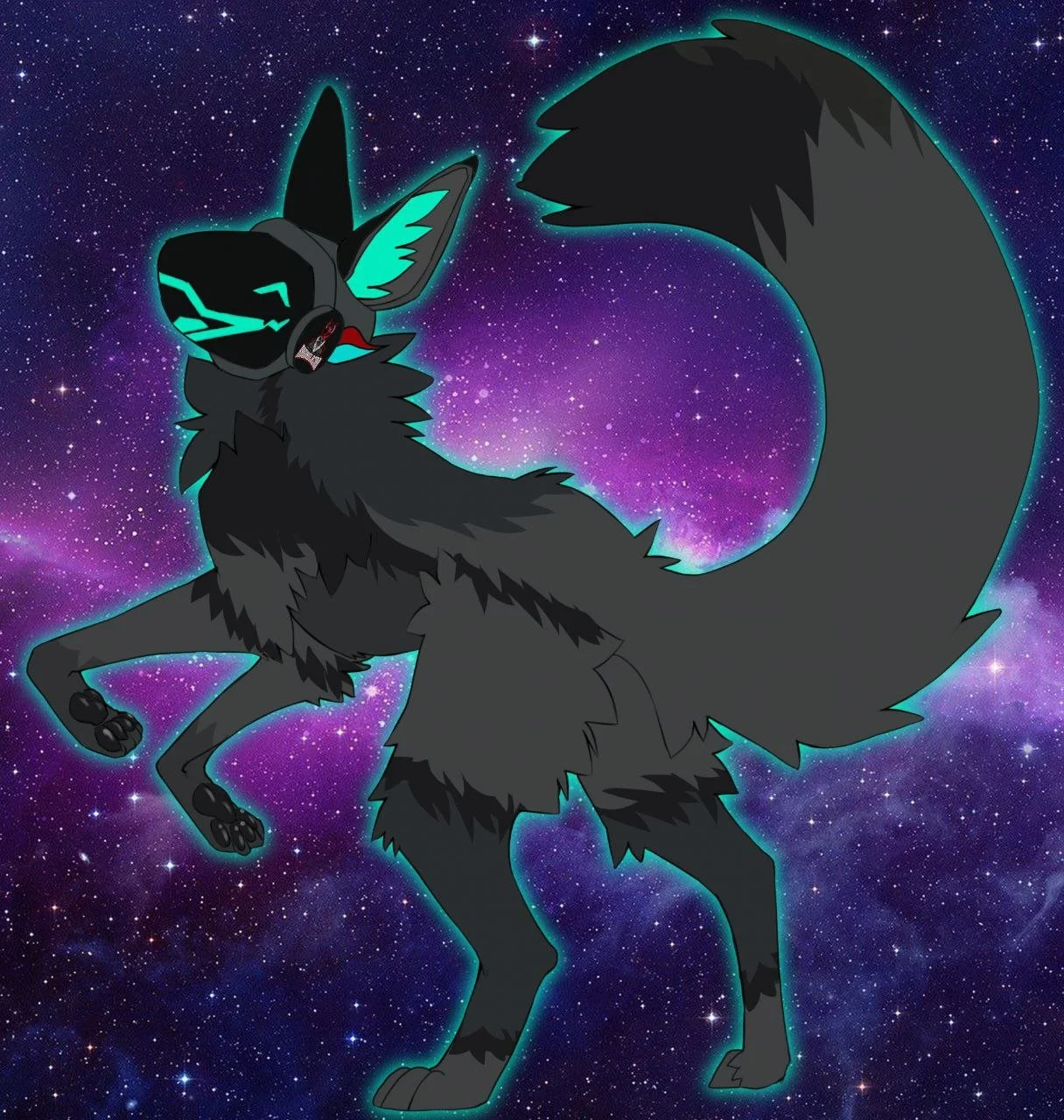 A digitally drawn cartoon wolf-like creature with black fur and glowing blue markings, standing in space with a galaxy background.