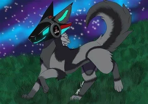 A digital illustration of a fantasy creature resembling a fox with a glowing electronic mask, standing on grass under a starry night sky.