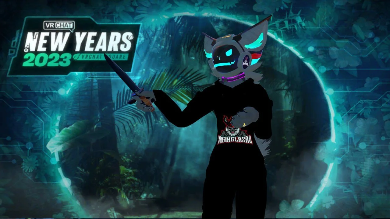 An animated character with a wolf-like face wearing a headset, holding a sword, standing in a digital jungle background with neon lights and the text 'VR CHAT NEW YEARS 2023'.