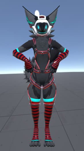 Anthropomorphic fox character in futuristic suit with glowing accents and large ears, standing confidently with hands on hips.