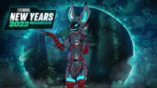 Futuristic humanoid cat character with glowing blue accents, standing in a digital forest for New Year's 2023 celebration.