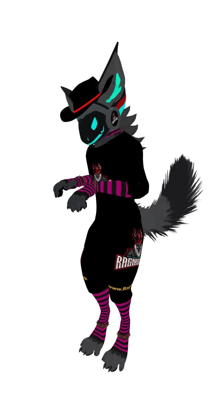 Anthropomorphic wolf character dressed in black sportswear with pink and purple striped socks, a black hat, headphones, and a logo that reads 'Raging' on the shirt and shorts, set against a plain white background.