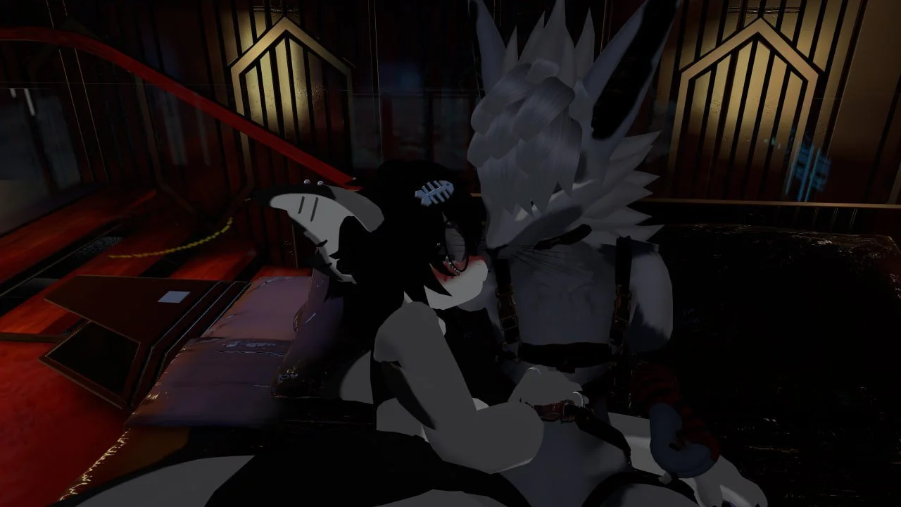 A humanoid wolf character and a humanoid cat character sit close together on a bed in a dark room, sharing an intimate moment.
