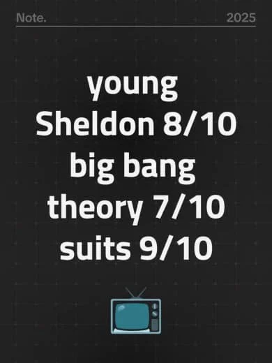 A black notebook page with white text ratings for different categories of The Big Bang Theory. The categories and ratings are: Young Sheldon 8/10, Big Bang Theory 7/10, Suits 9/10.