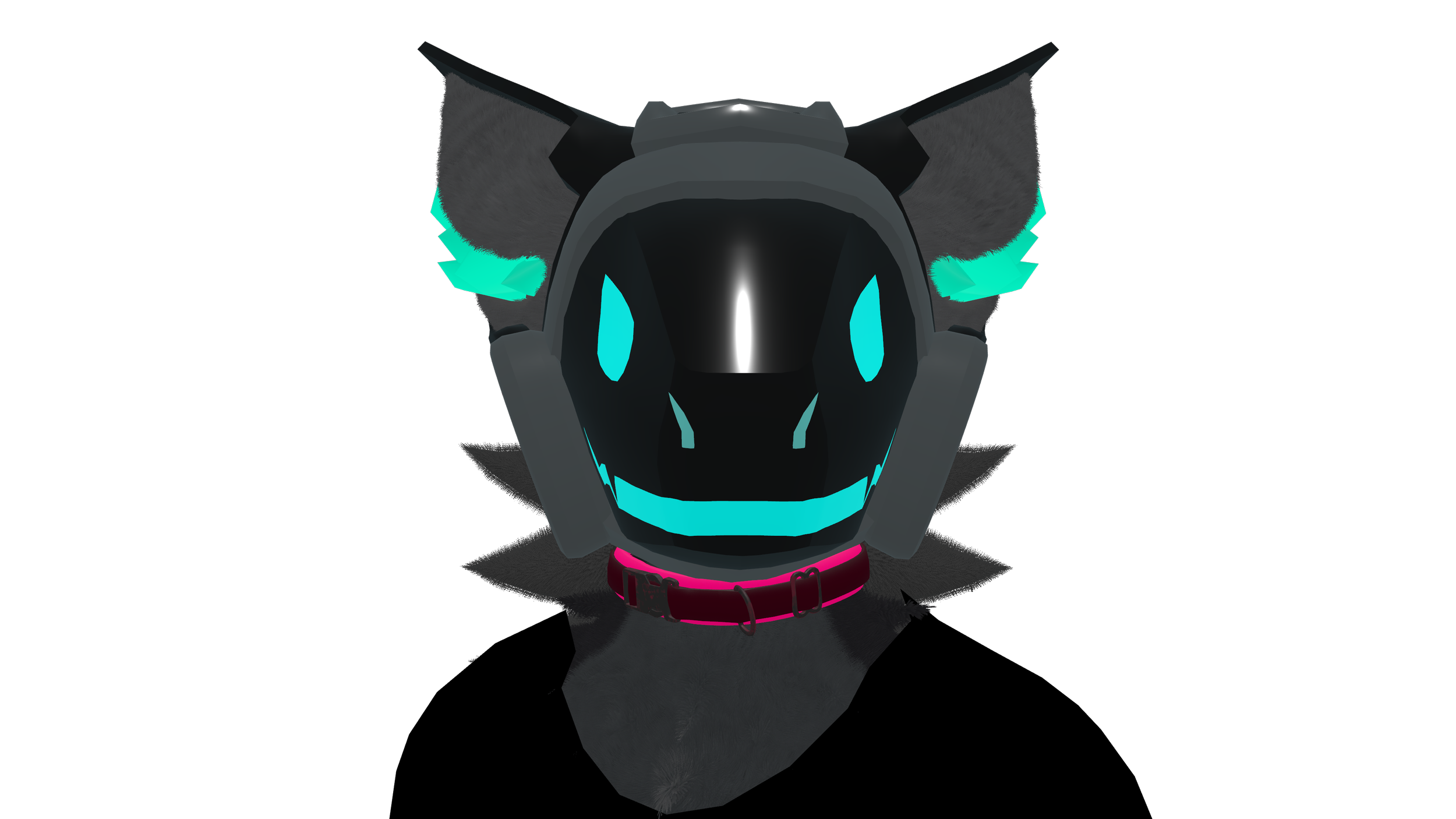 Black and gray robotic dog head with glowing teal eyes and accents, and a pink collar, displayed against a black background.